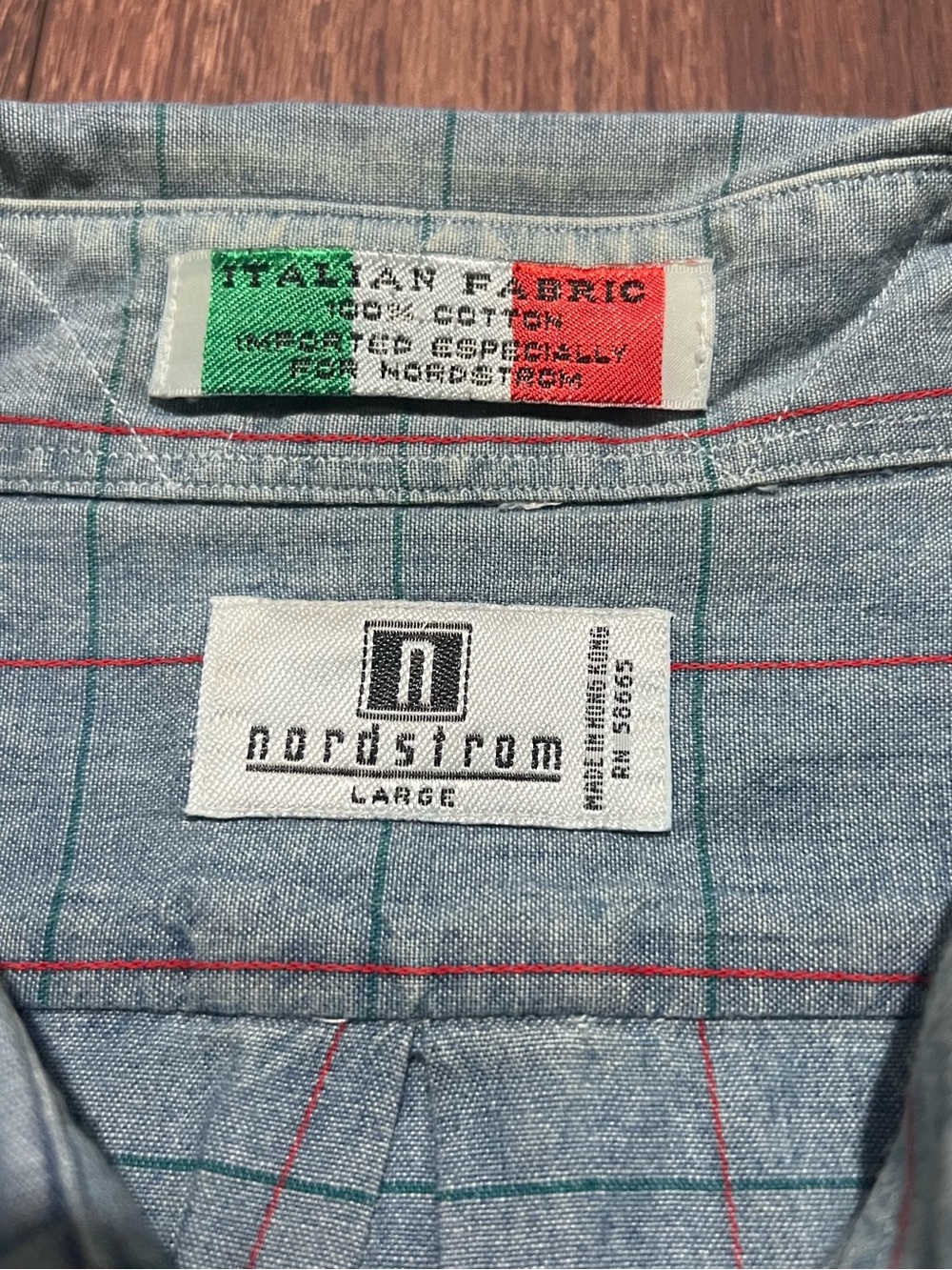 Vintage Nordstrom Mens Shirt L Large Italian Fabric Cotton Green Red Grid Plaid